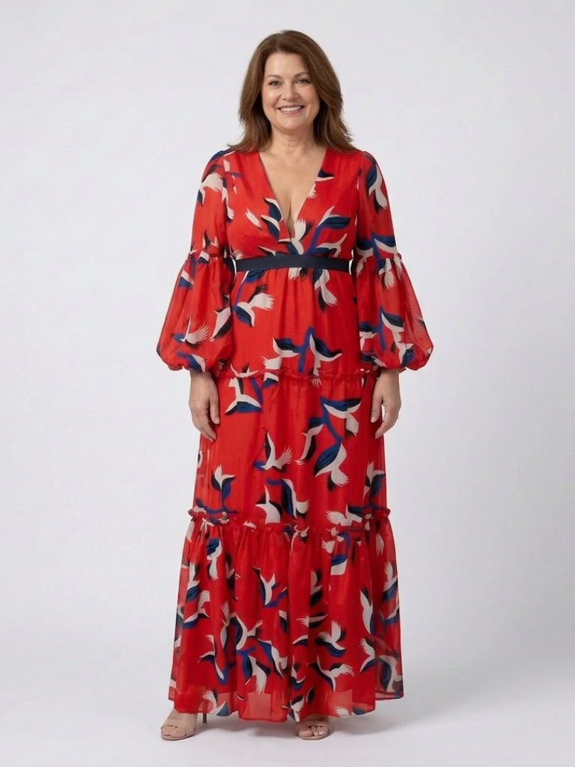 Isolde - V Neck Tie Waist Long Sleeve Maxi Dress