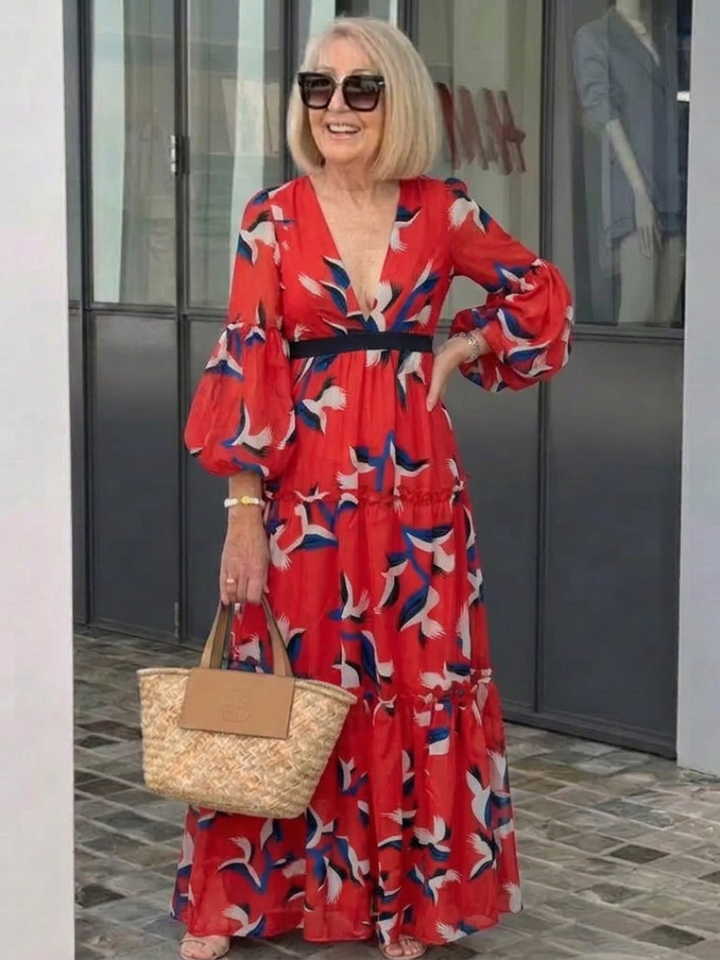 Isolde - V Neck Tie Waist Long Sleeve Maxi Dress