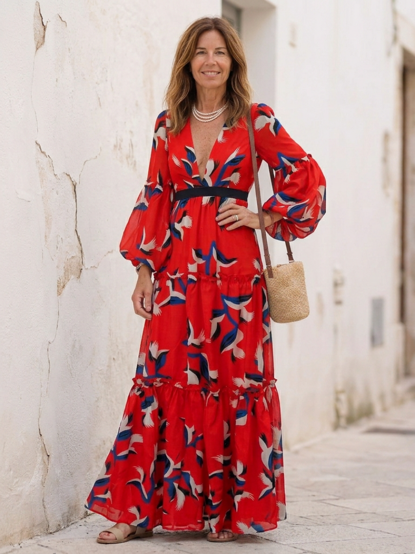 Isolde - V Neck Tie Waist Long Sleeve Maxi Dress
