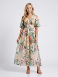 Eulalie - V Neck Short Sleeve Gathered Waist Midi Dress