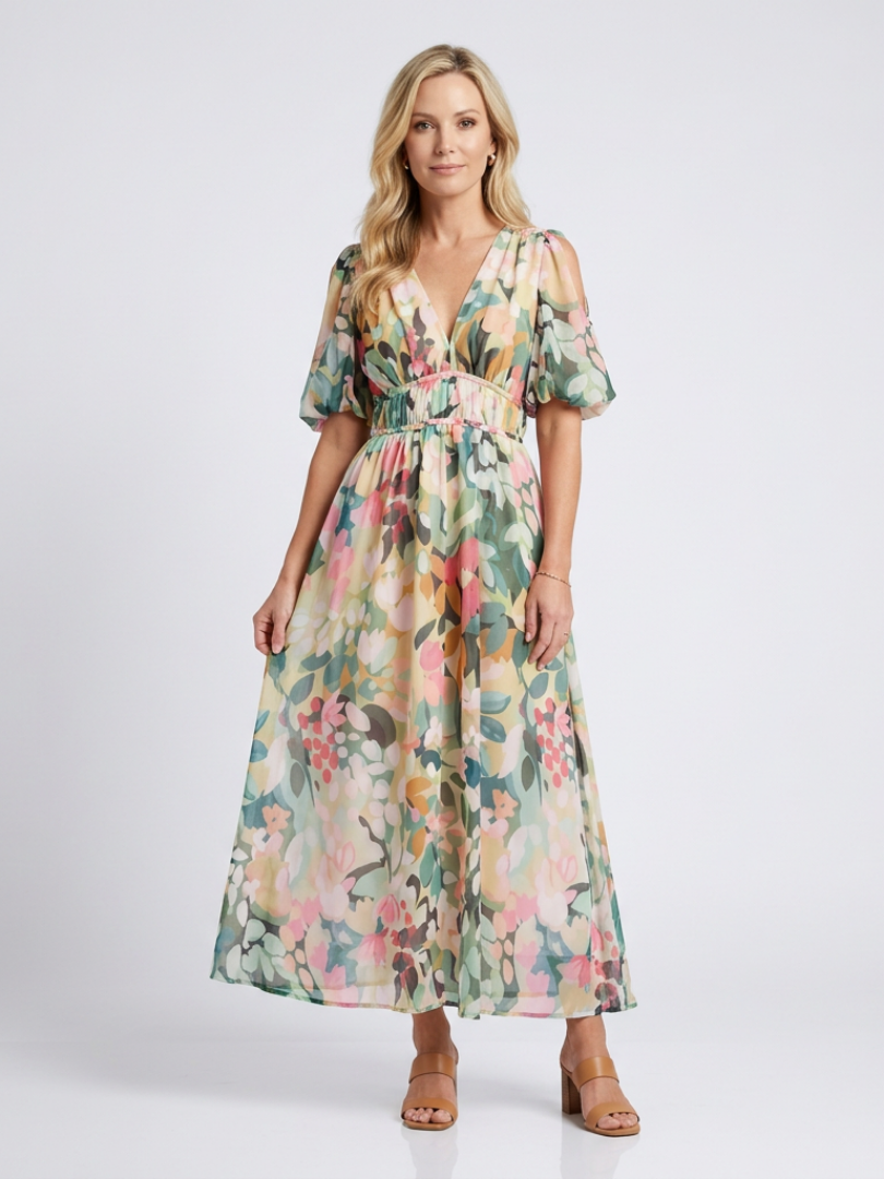 Eulalie - V Neck Short Sleeve Gathered Waist Midi Dress