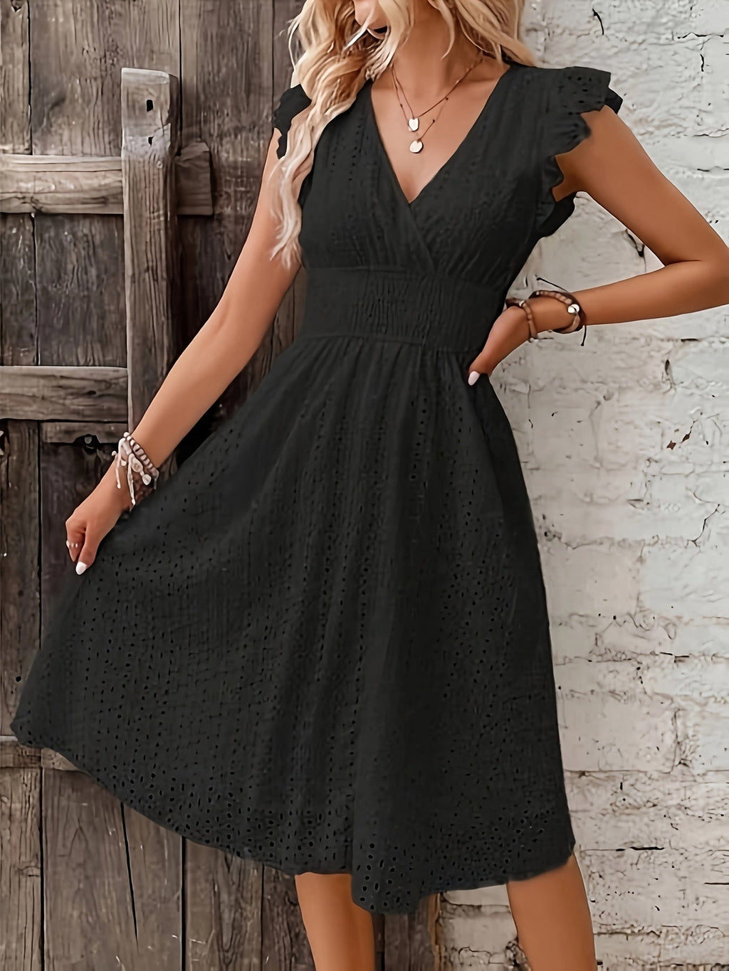 Matilda - Eyelet Flutter Sleeve Midi Dress