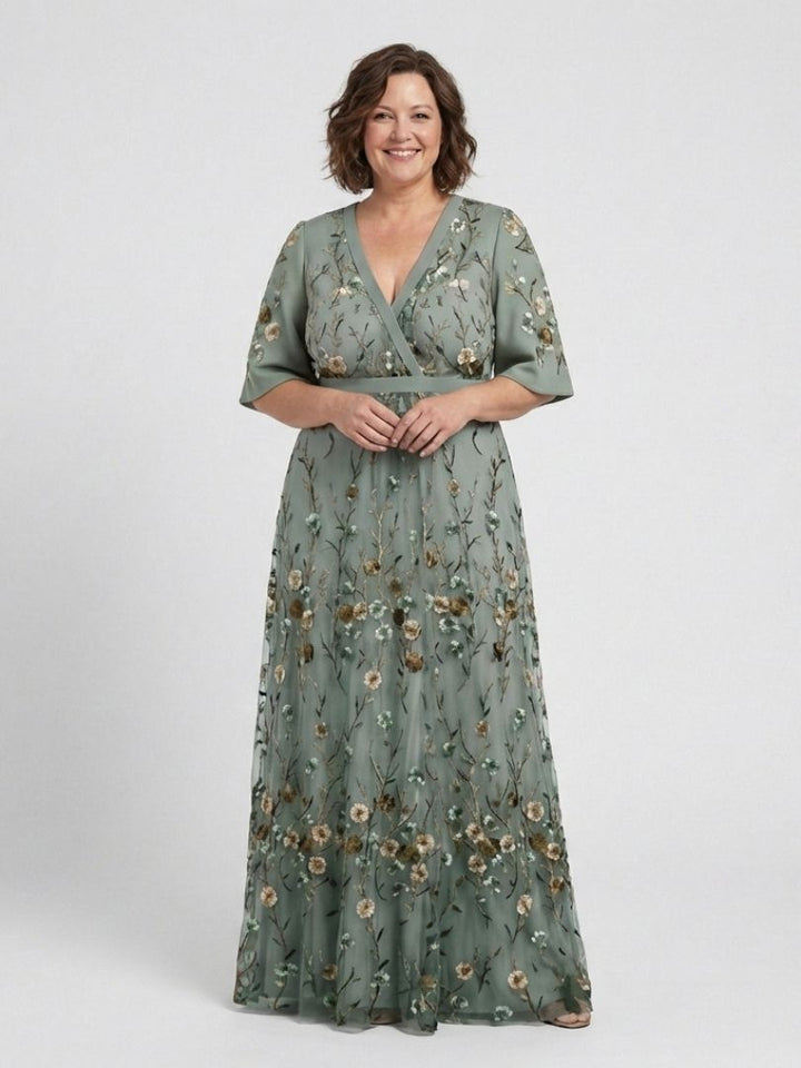 Violet - Floral V Neck Short Sleeve Maxi Dress