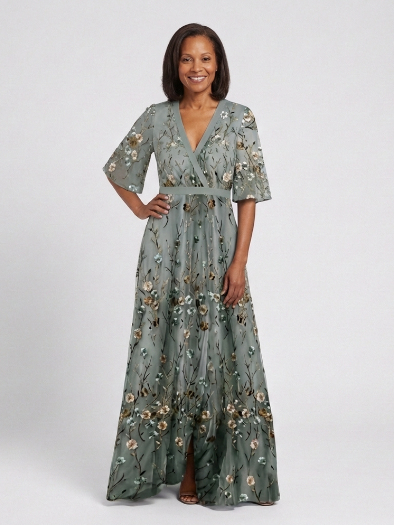 Violet - Floral V Neck Short Sleeve Maxi Dress