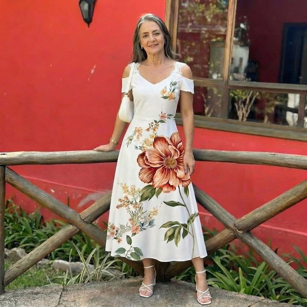 Camila - Floral Off-Shoulder A-Line Midi Dress