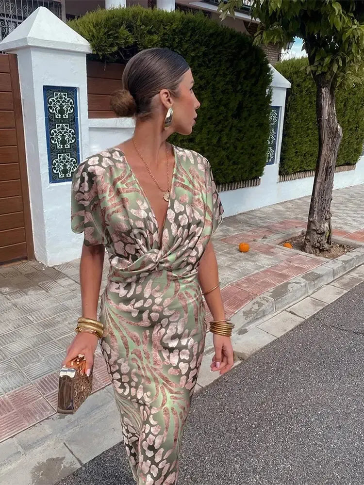 Clara - Elegant Copper Print Midi Dress