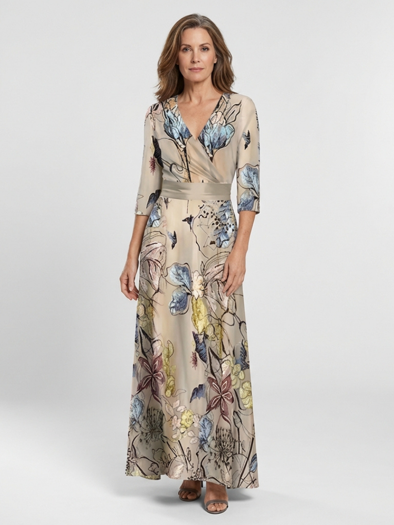 Margaret - Three Quarter Sleeve Floral Maxi Wrap Dress