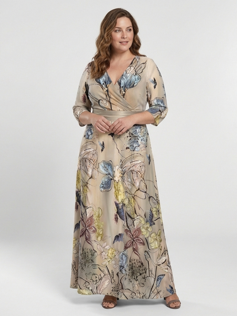 Margaret - Three Quarter Sleeve Floral Maxi Wrap Dress