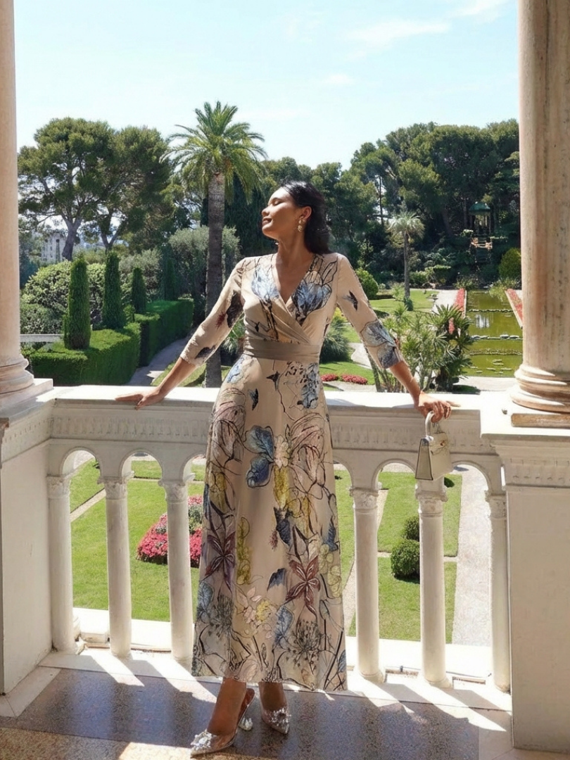 Margaret - Three Quarter Sleeve Floral Maxi Wrap Dress