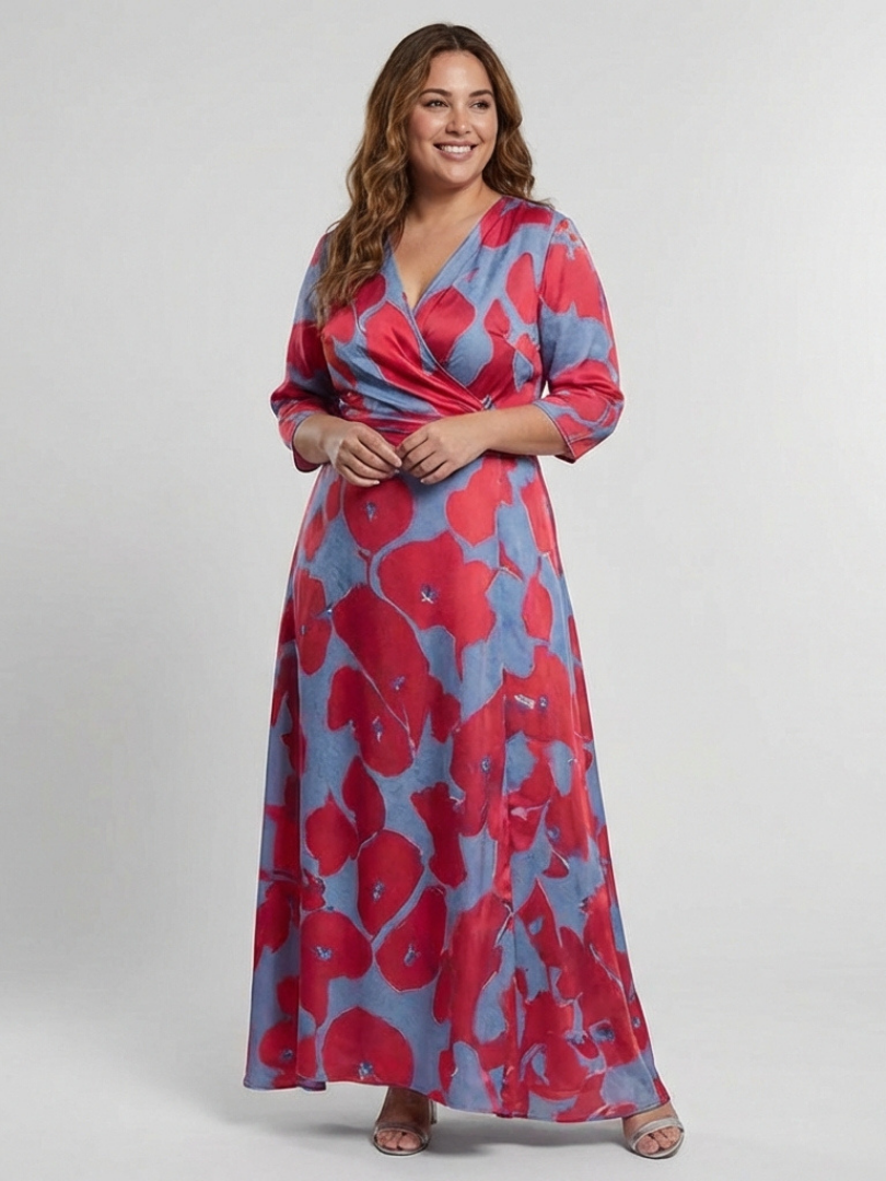 Danielle - Three Quarter Sleeve V Neck Floral Maxi Dress