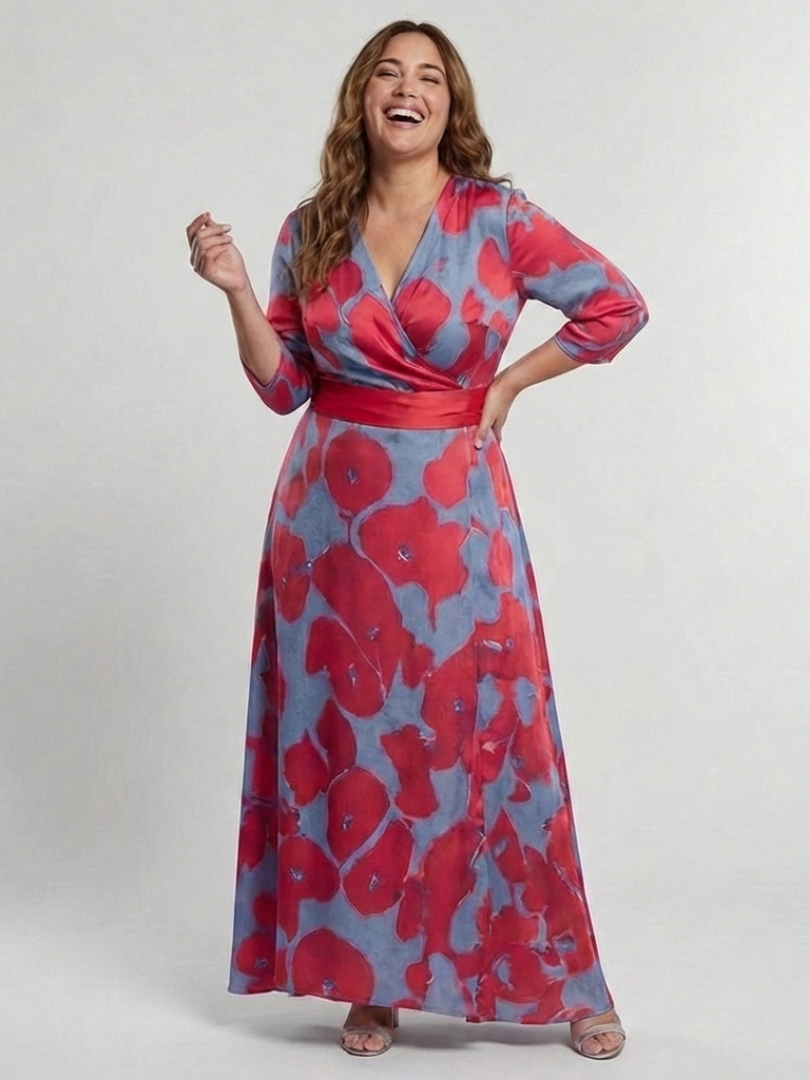 Danielle - Three Quarter Sleeve V Neck Floral Maxi Dress