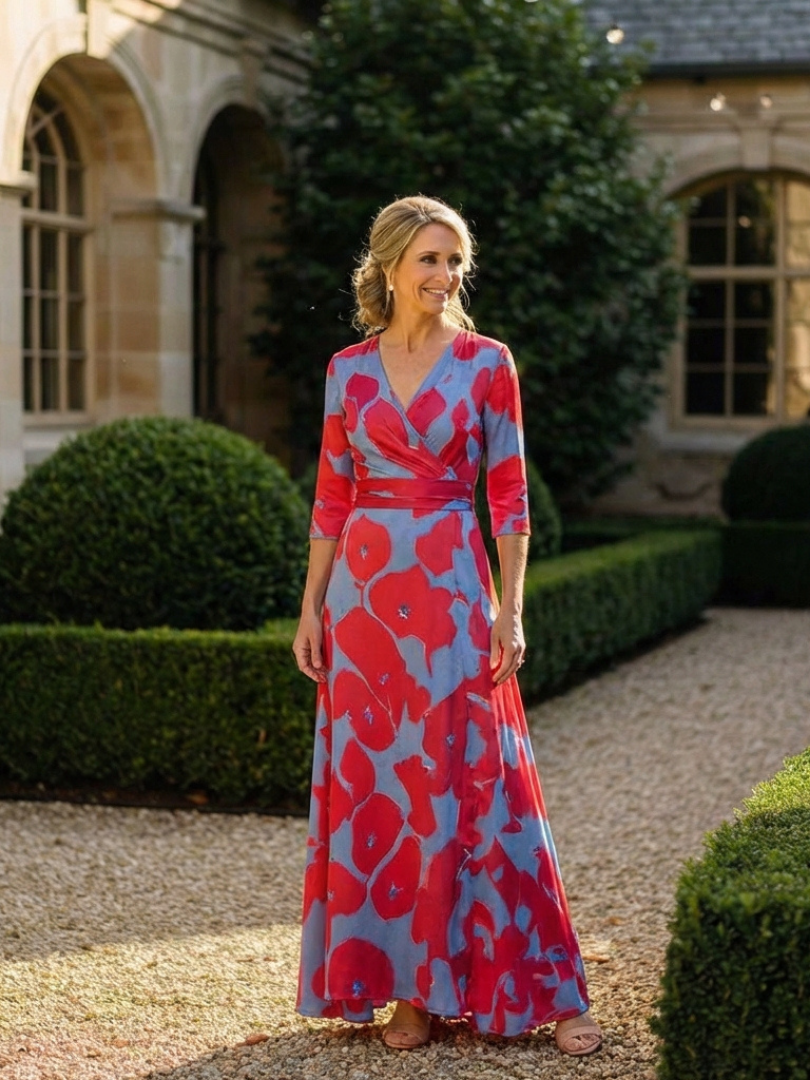 Danielle - Three Quarter Sleeve V Neck Floral Maxi Dress
