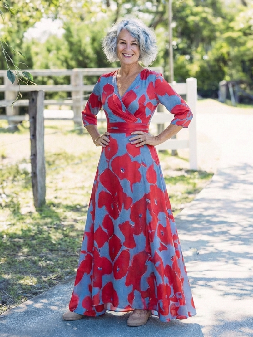 Danielle - Three Quarter Sleeve V Neck Floral Maxi Dress
