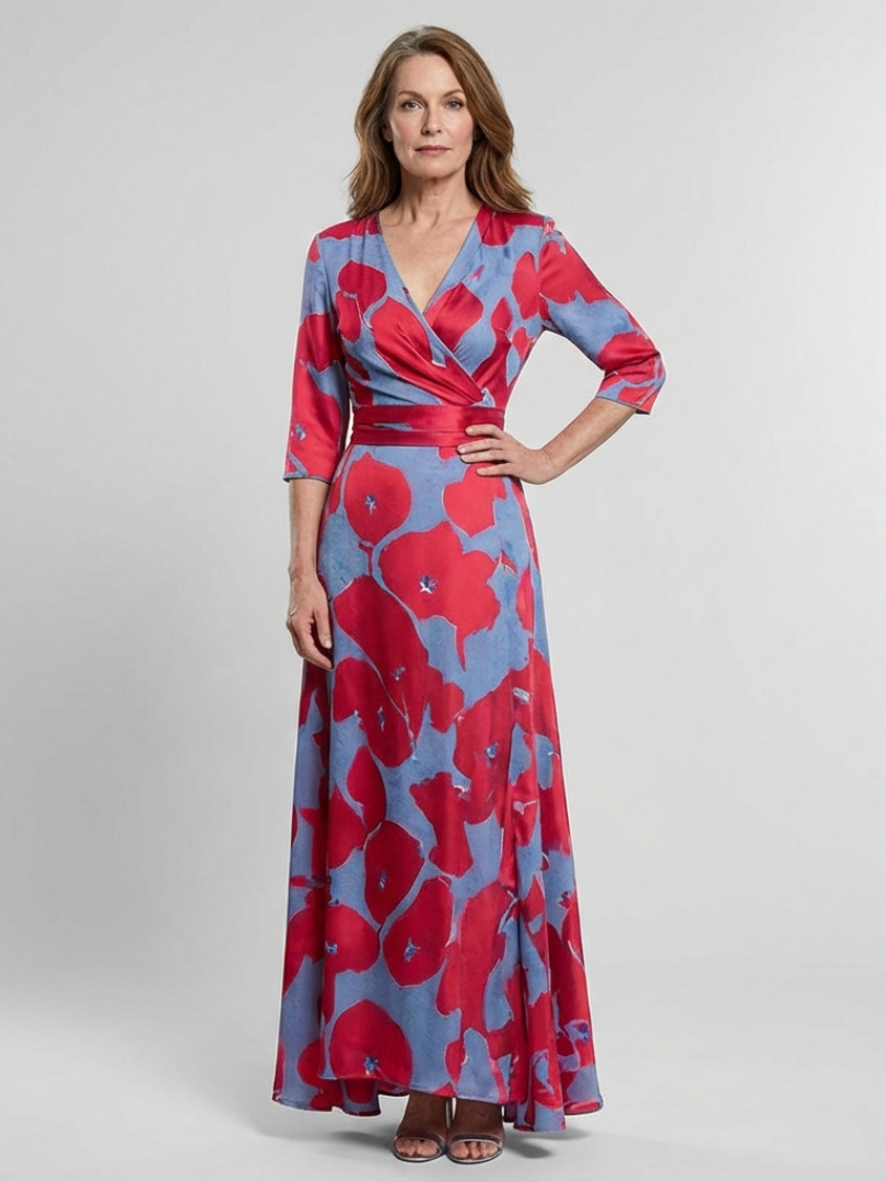 Danielle - Three Quarter Sleeve V Neck Floral Maxi Dress